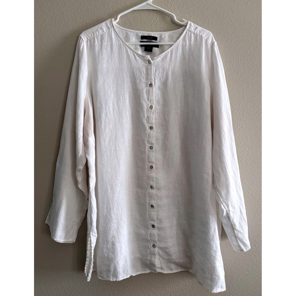 Tahari Linen Longline Button Down Top Womens 2XL White Roll Tab Coastal Light